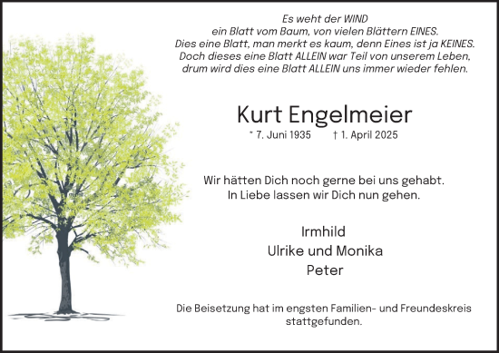 Traueranzeige von Kurt Engelmeier von Tageszeitung