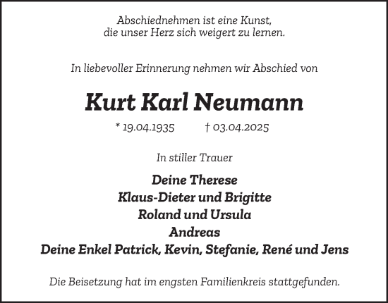 Traueranzeige von Kurt Karl Neumann von Tageszeitung