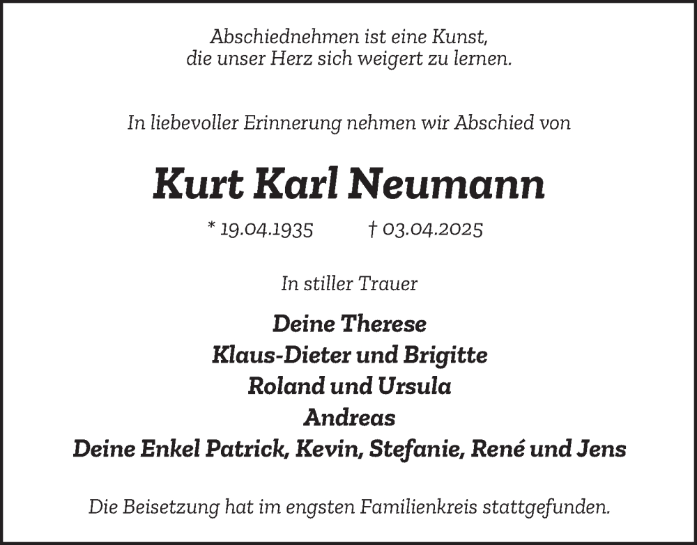  Traueranzeige für Kurt Karl Neumann vom 10.05.2025 aus Tageszeitung
