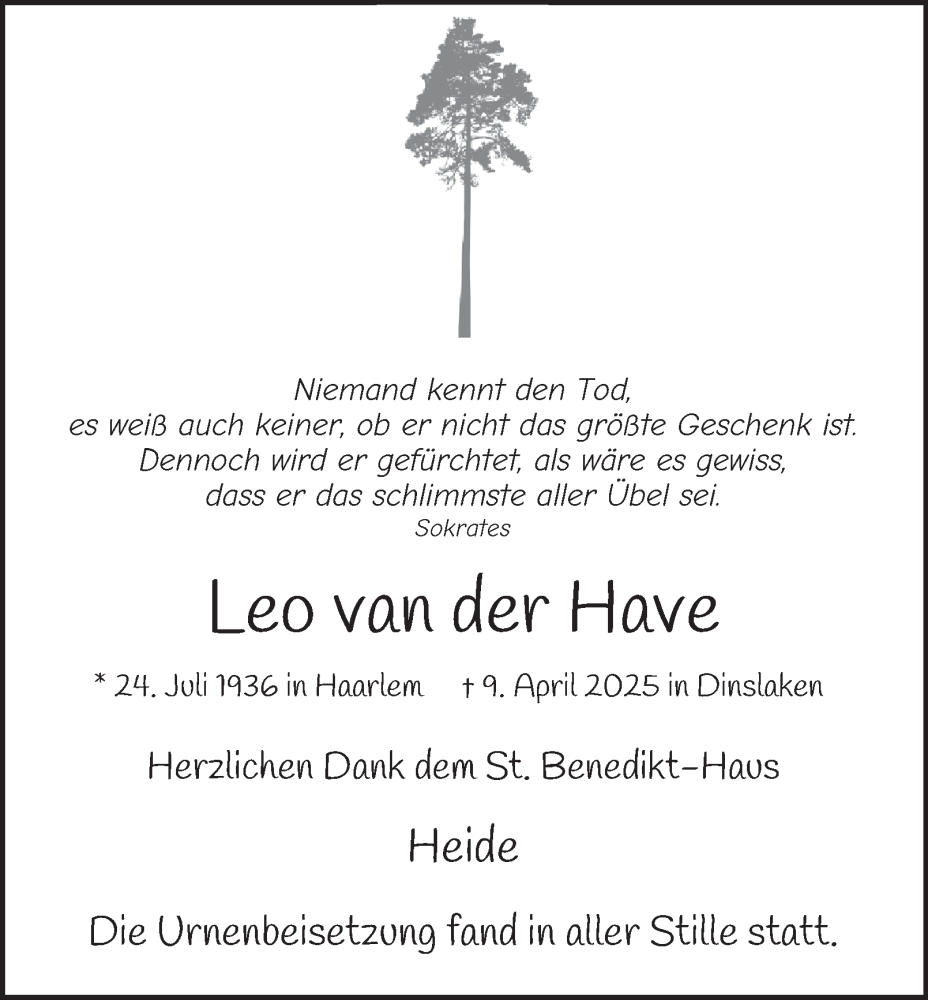  Traueranzeige für Leo van der Have vom 10.05.2025 aus Tageszeitung