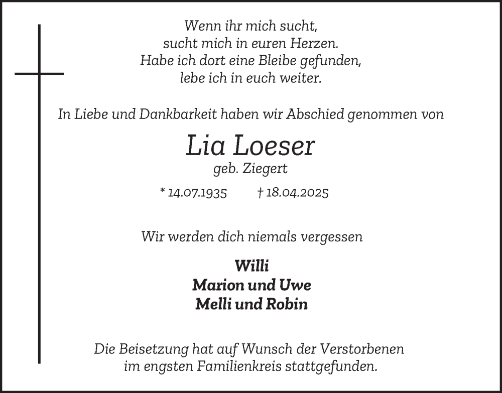  Traueranzeige für Lia Loeser vom 03.05.2025 aus Tageszeitung