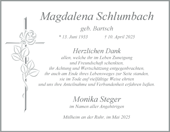Traueranzeige von Magdalena Schlumbach von Tageszeitung