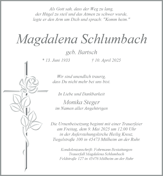 Traueranzeige von Magdalena Schlumbach von Tageszeitung