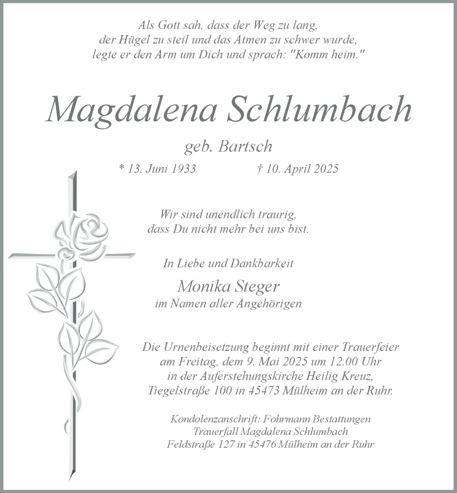  Traueranzeige für Magdalena Schlumbach vom 03.05.2025 aus Tageszeitung