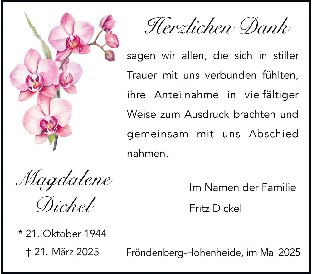  Traueranzeige für Magdalene Dickel vom 10.05.2025 aus Tageszeitung