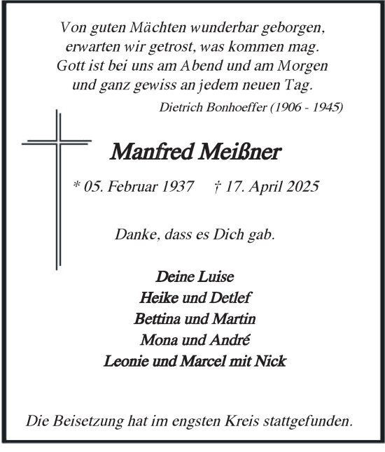 Traueranzeige von Manfred Meißner von Tageszeitung