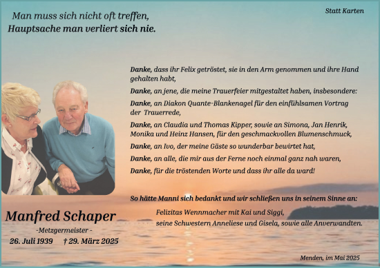 Traueranzeige von Manfred Schaper von Tageszeitung