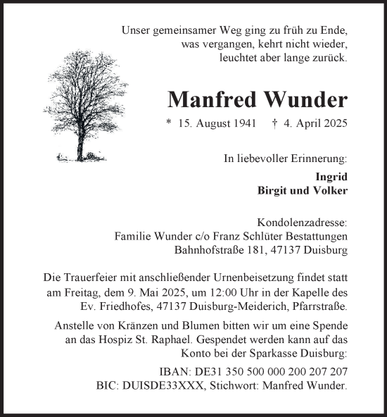 Traueranzeige von Manfred Wunder von Tageszeitung