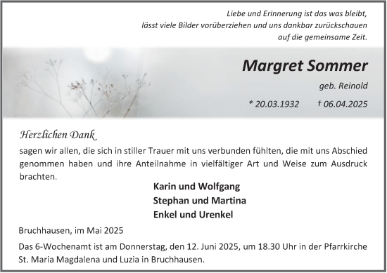 Traueranzeige von Margret Sommer von Tageszeitung