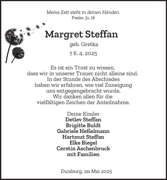 Traueranzeige von Margret Steffan von Tageszeitung