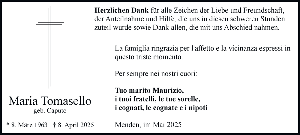  Traueranzeige für Maria Tomasello vom 17.05.2025 aus Tageszeitung