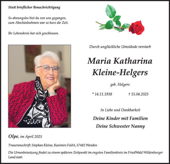 Traueranzeige von Maria Katharina Kleine-Helgers von Tageszeitung