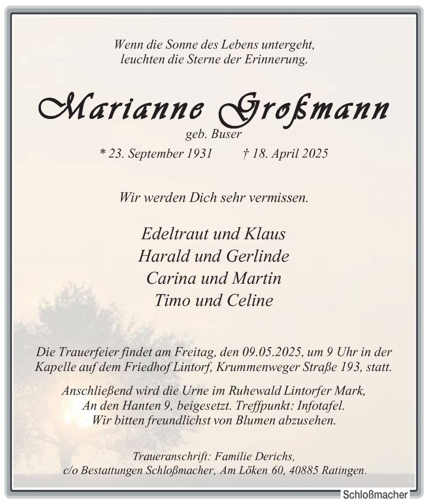  Traueranzeige für Marianne Großmann vom 03.05.2025 aus Tageszeitung