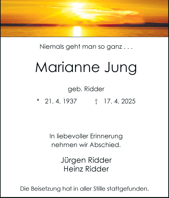Traueranzeige von Marianne Jung von Tageszeitung