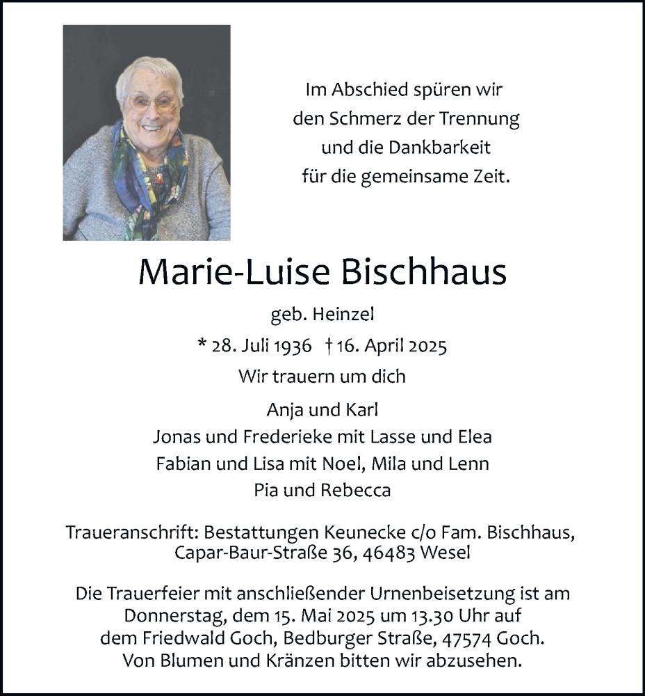  Traueranzeige für Marie-Luise Bischhaus vom 03.05.2025 aus Tageszeitung