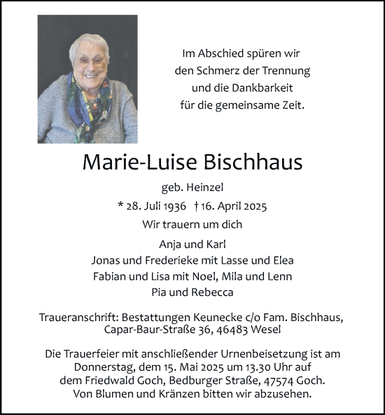 Traueranzeige von Marie-Luise Bischhaus von Tageszeitung