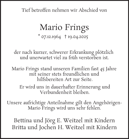 Traueranzeige von Mario Frings von Tageszeitung