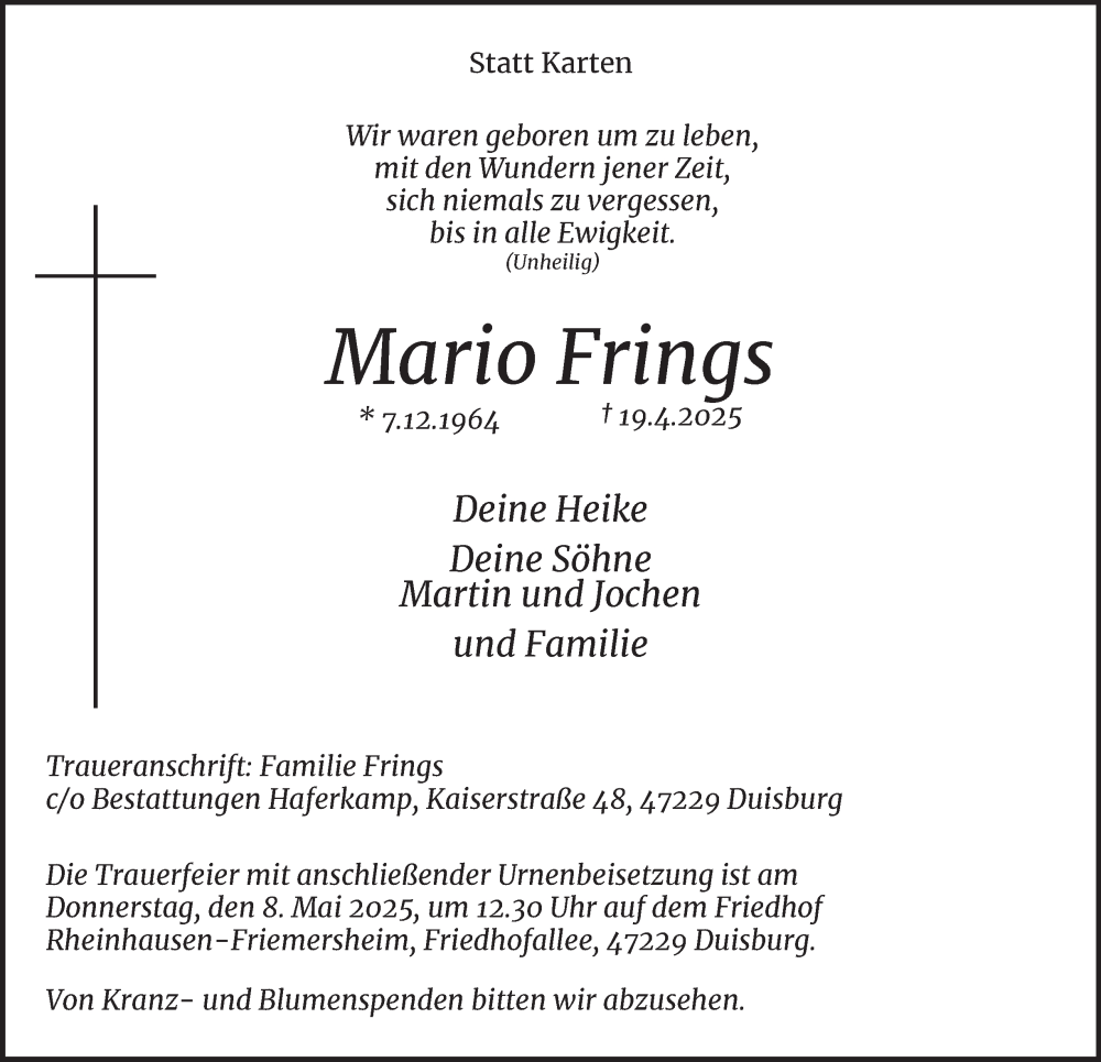  Traueranzeige für Mario Frings vom 03.05.2025 aus Tageszeitung