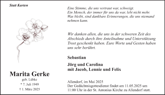 Traueranzeige von Marita Gerke von Tageszeitung