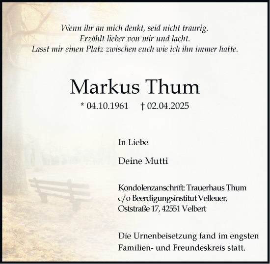 Traueranzeige von Markus Thum von Tageszeitung