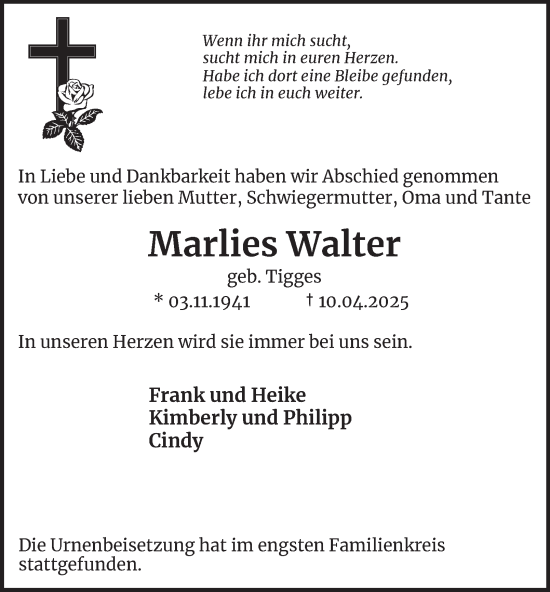 Traueranzeige von Marlies Walter von Tageszeitung