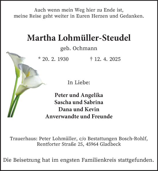 Traueranzeige von Martha Lohmüller-Steudel von Tageszeitung