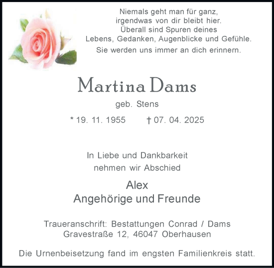 Traueranzeige von Martina Dams von Tageszeitung