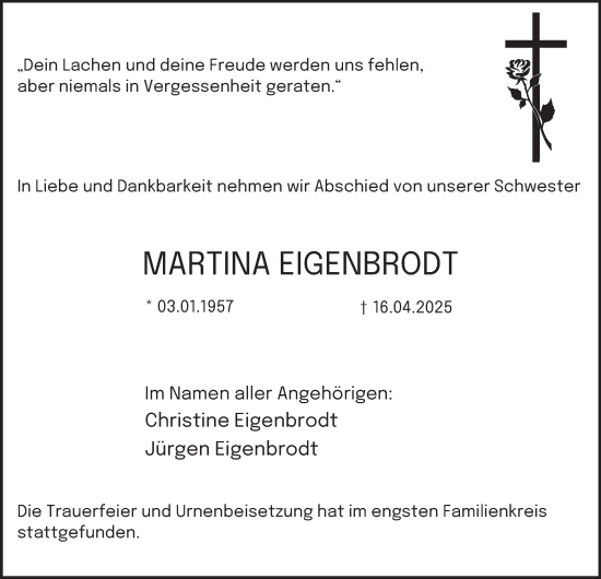 Traueranzeige von Martina Eigenbrodt von Tageszeitung