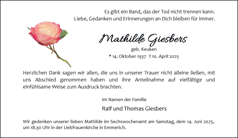  Traueranzeige für Mathilde Giesbers vom 31.05.2025 aus Tageszeitung