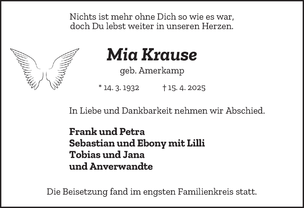  Traueranzeige für Mia Krause vom 03.05.2025 aus Tageszeitung