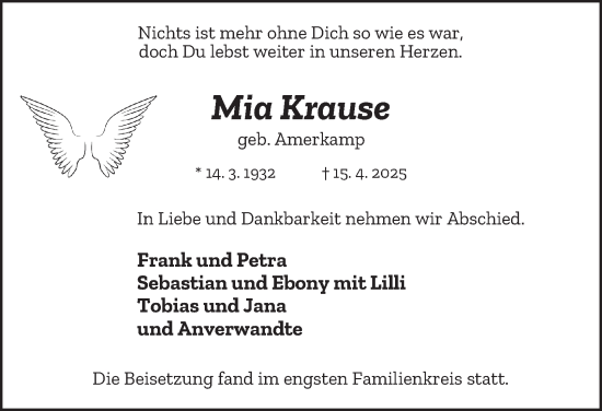Traueranzeige von Mia Krause von Tageszeitung
