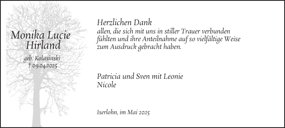  Traueranzeige für Monika Lucie Hirland vom 31.05.2025 aus Tageszeitung