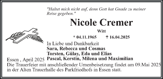 Traueranzeige von Nicole Cremer von Tageszeitung