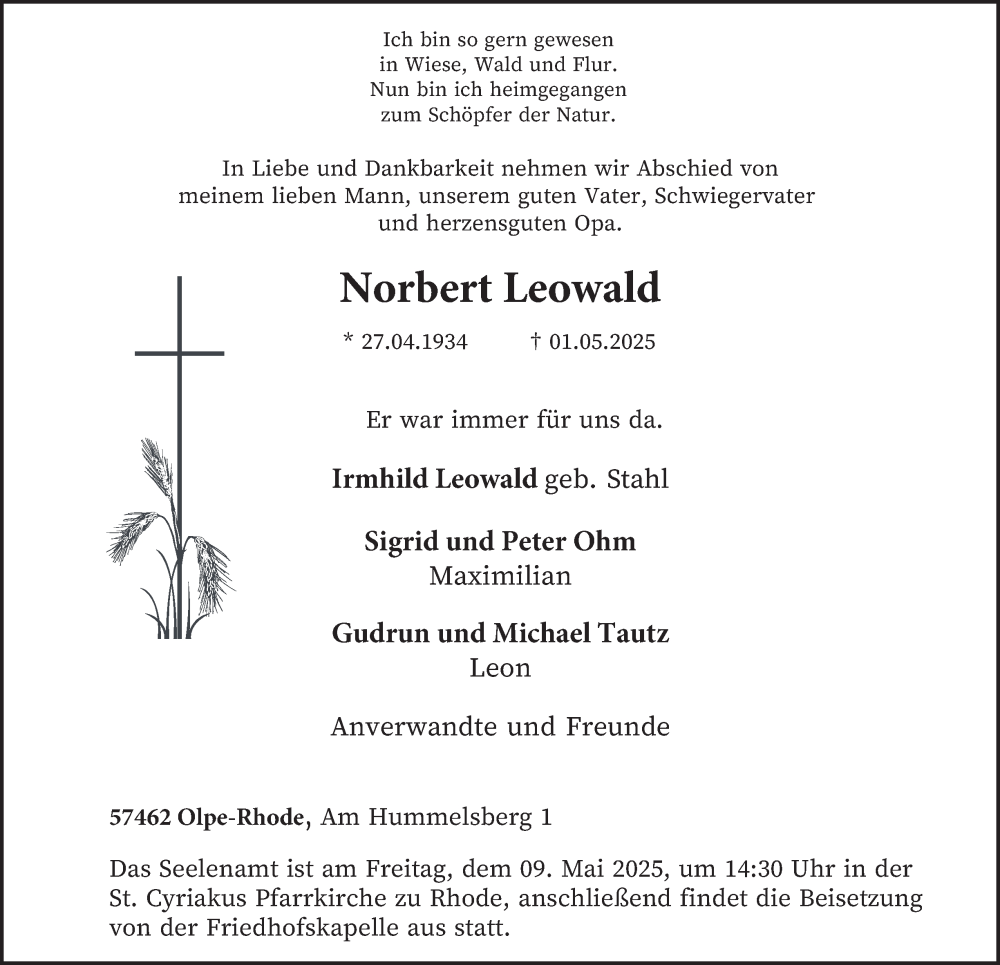  Traueranzeige für Norbert Leowald vom 07.05.2025 aus Tageszeitung