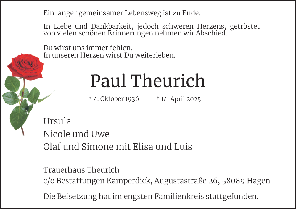  Traueranzeige für Paul Theurich vom 10.05.2025 aus Tageszeitung