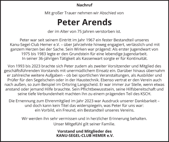 Traueranzeige von Peter Arends von Tageszeitung