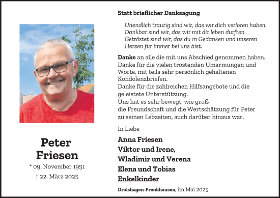 Traueranzeige von Peter Friesen von Tageszeitung