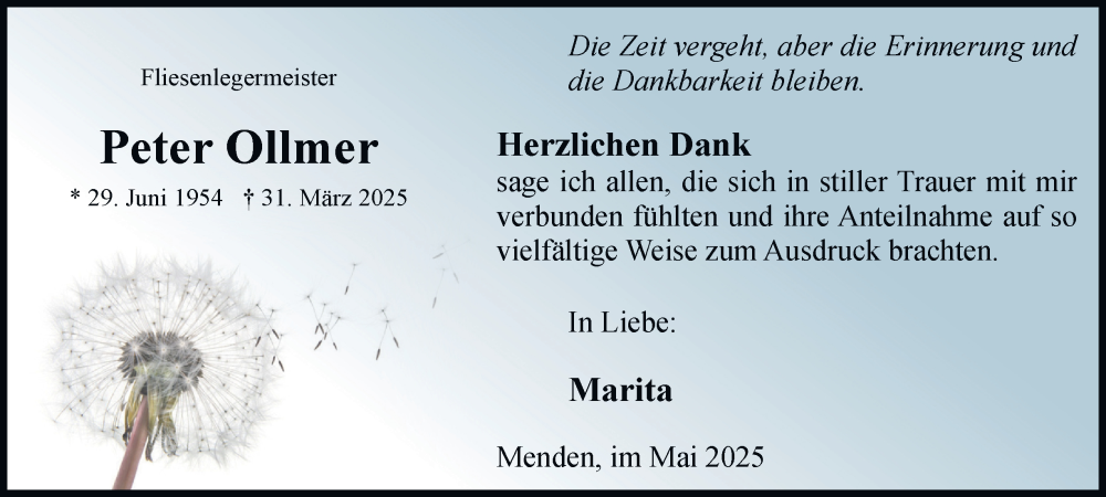  Traueranzeige für Peter Ollmer vom 24.05.2025 aus Tageszeitung