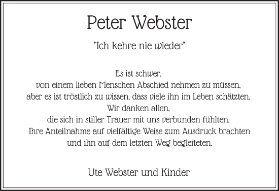 Traueranzeige von Peter Webster von Tageszeitung