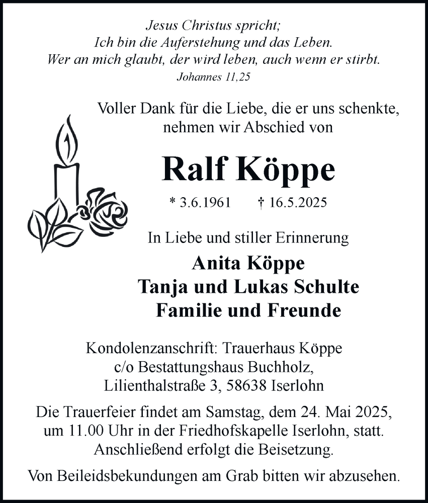  Traueranzeige für Ralf Köppe vom 21.05.2025 aus Tageszeitung