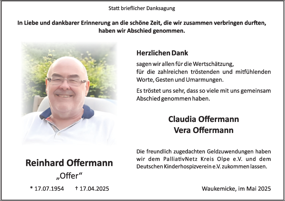  Traueranzeige für Reinhard Offermann vom 31.05.2025 aus Tageszeitung