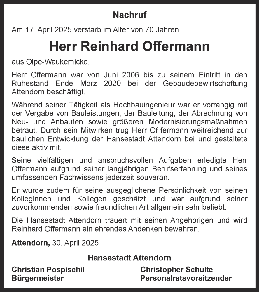  Traueranzeige für Reinhard Offermann vom 08.05.2025 aus Tageszeitung