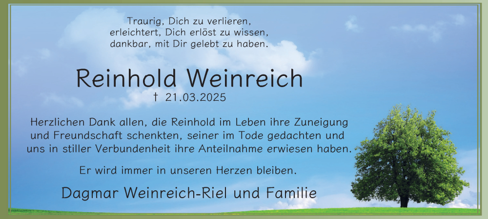 Traueranzeige für Reinhold Weinreich vom 24.05.2025 aus Tageszeitung