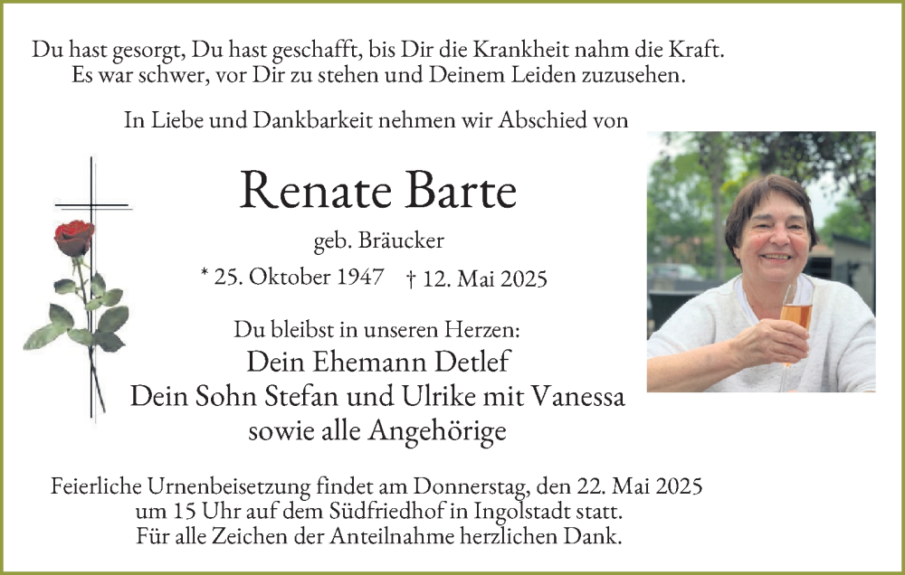  Traueranzeige für Renate Barte vom 17.05.2025 aus Tageszeitung