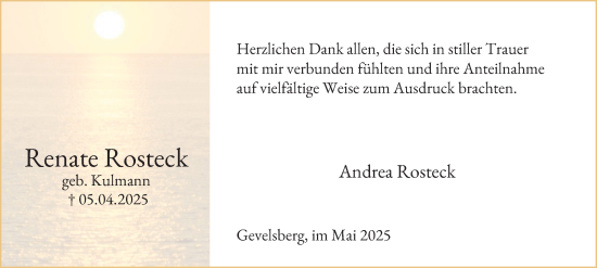 Traueranzeige von Renate Rosteck von Tageszeitung