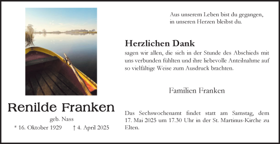 Traueranzeige von Renilde Franken von Tageszeitung