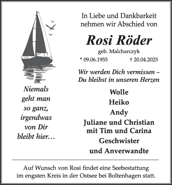 Traueranzeige von Rosi Röder von Tageszeitung