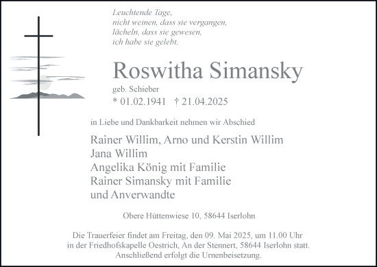 Traueranzeige von Roswitha Simansky von Tageszeitung