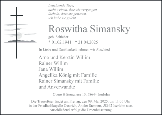 Traueranzeige von Roswitha Simansky von Tageszeitung