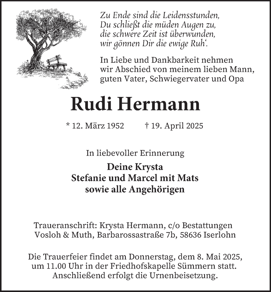  Traueranzeige für Rudi Hermann vom 03.05.2025 aus Tageszeitung